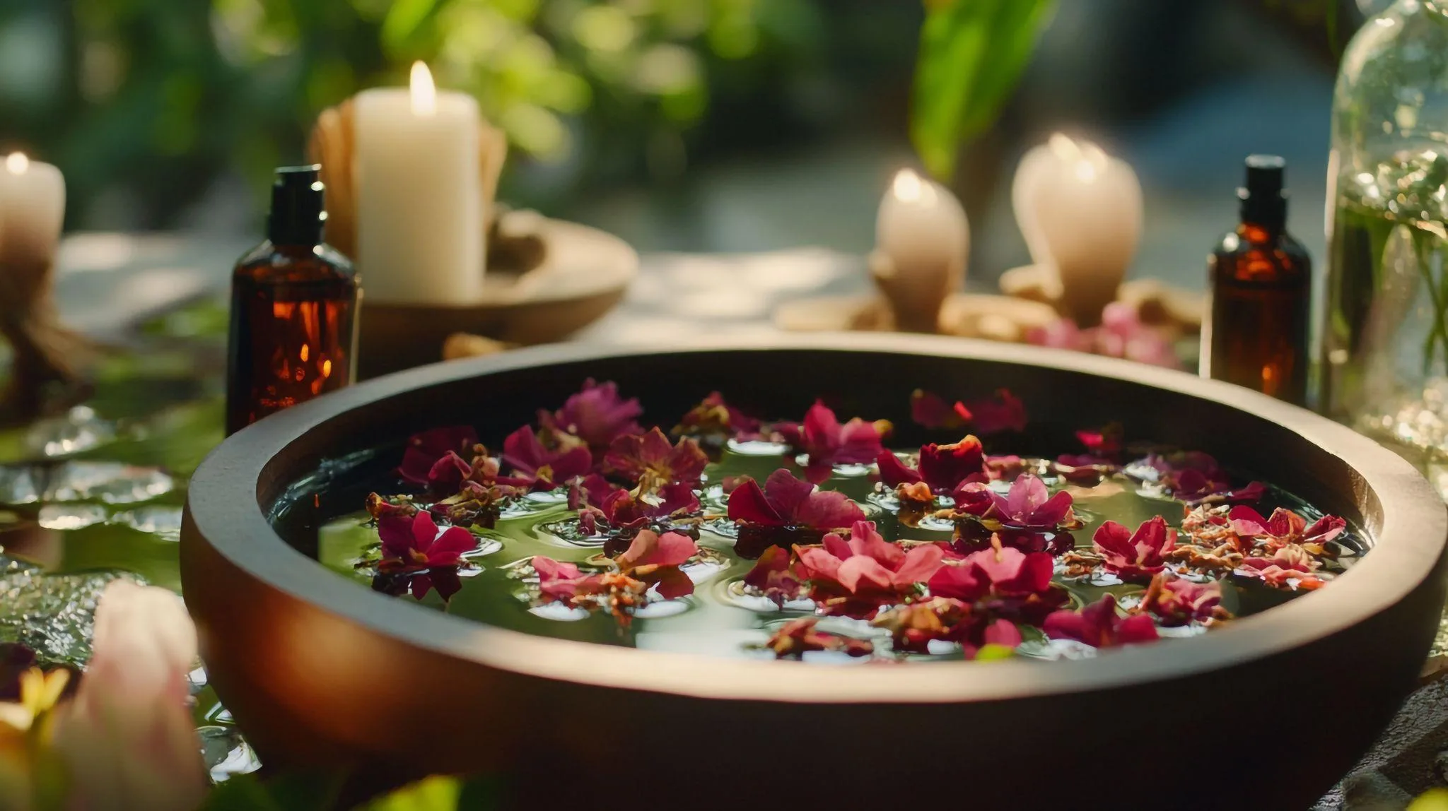 A wooden bowl of warm water with rose petals floating in it, surrounded by candles and amber glass bottles of oil